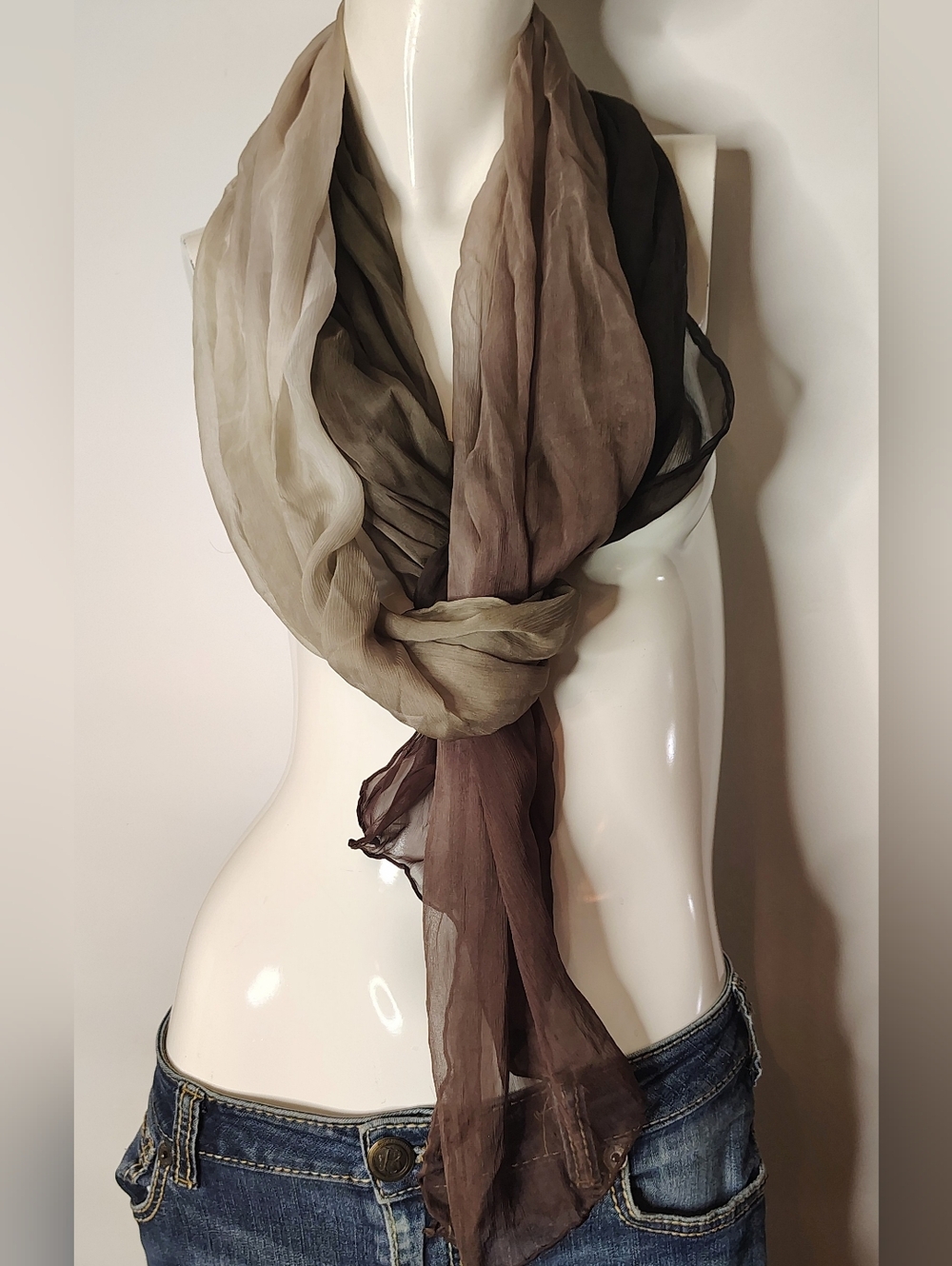 Sheer Lightweight Handmade Long  Silk Scarf in Sage Taupe Brown